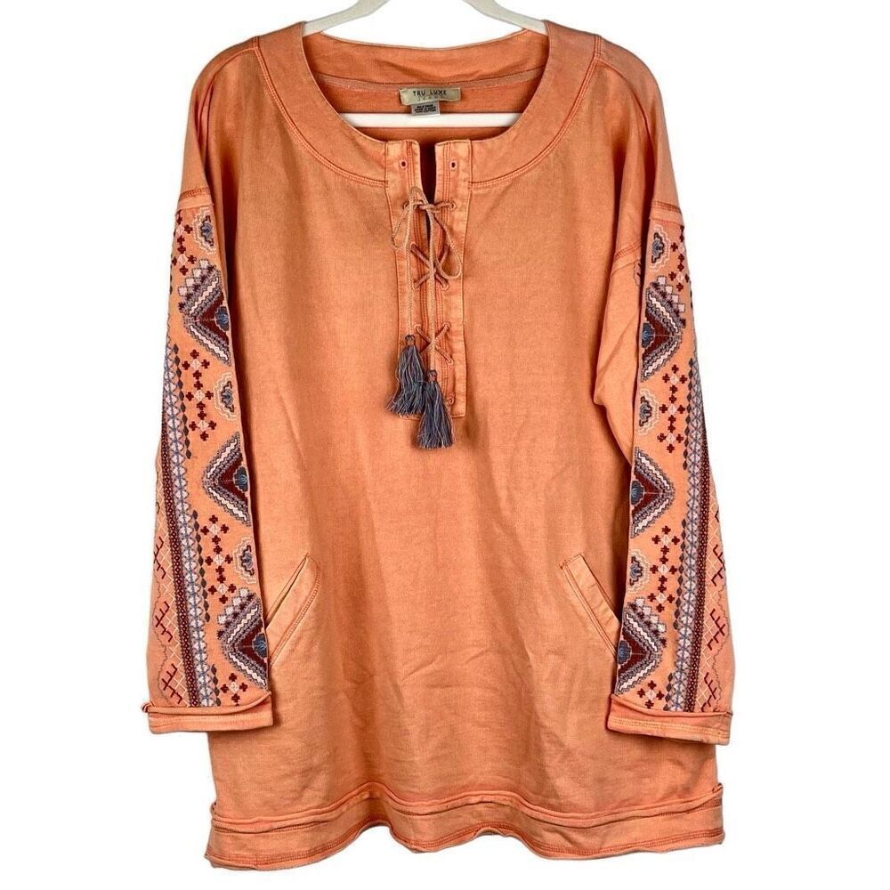 Tru Luxe Jeans Peach Long Sleeve Embroidered Top XL